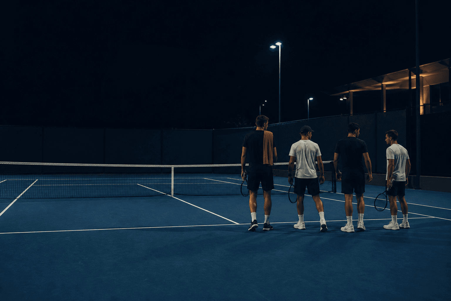 Quatro jogadores reunidos junto à rede depois dos jogos em uma quadra azul à noite